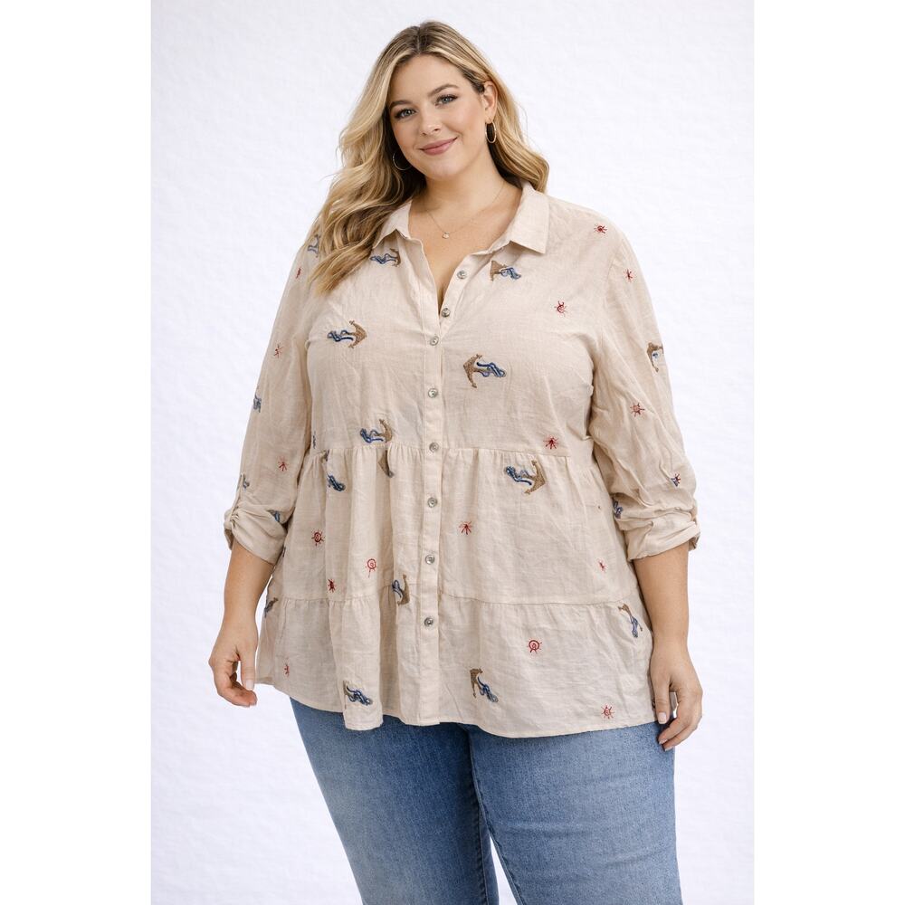 Hope Springs Nautical Button Front Shirt Women Sz XXL Cream‎ Sheer Cruise Anchor